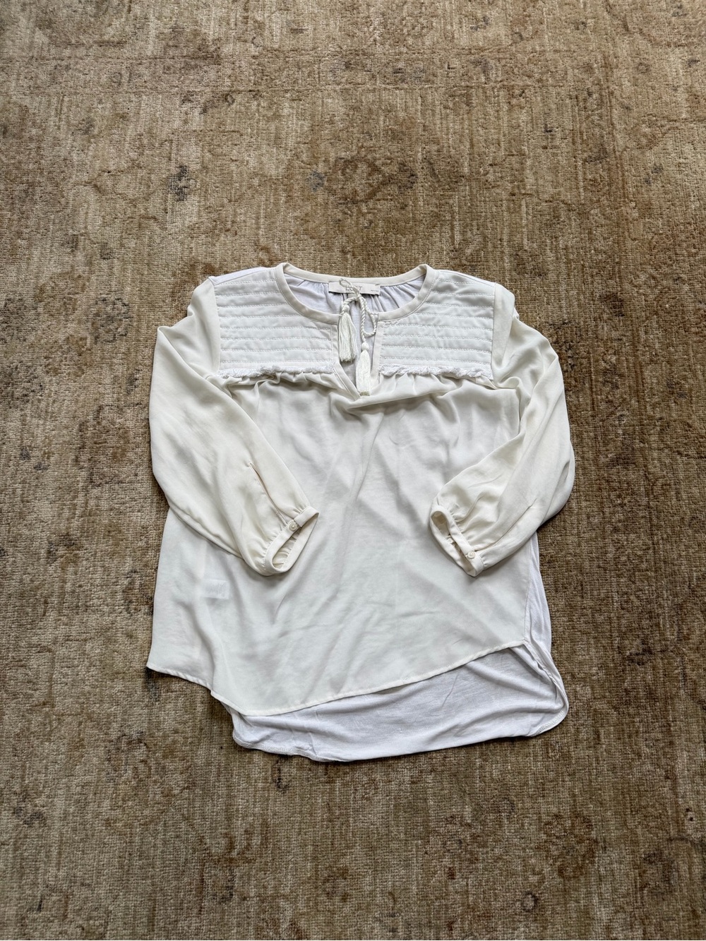 LOFT Cream Quilted Yoke Tie-Neck Blouse